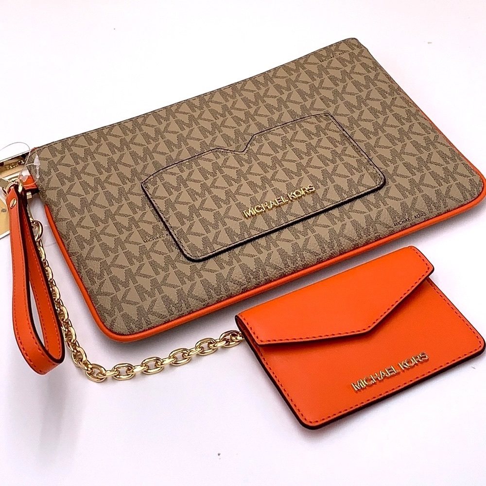 Michael Kors Jet Set LG 2 in 1 card case wristlet Wallet POPPY BROWN SIGNATURE - Picture 2 of 16